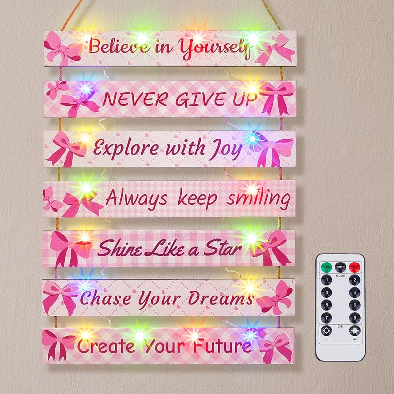 FIOBEE Girls Room Décor for Teen Girls Boys with LED Light Wall Decor for Bedroom Motivational Inspirational Wall Art Room Decoration for Kids Studyroom, 8 Kinds of Lights, Pink Bow - Image 1